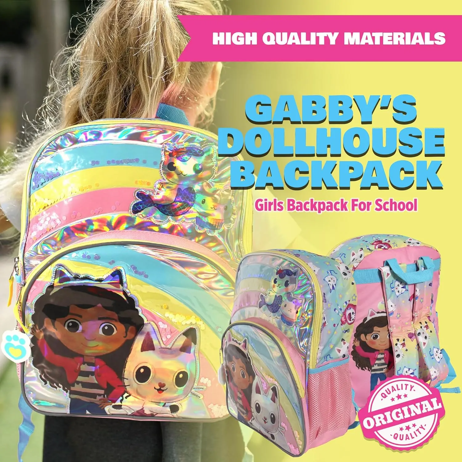 AI ACCESSORY INNOVATIONS Gabby’s Dollhouse 16” Backpack, Girls Iridescent Rainbow School Bag With Floating Confetti, Pink
