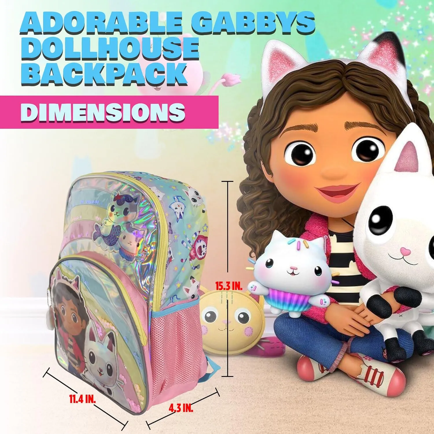 AI ACCESSORY INNOVATIONS Gabby’s Dollhouse 16” Backpack, Girls Iridescent Rainbow School Bag With Floating Confetti, Pink