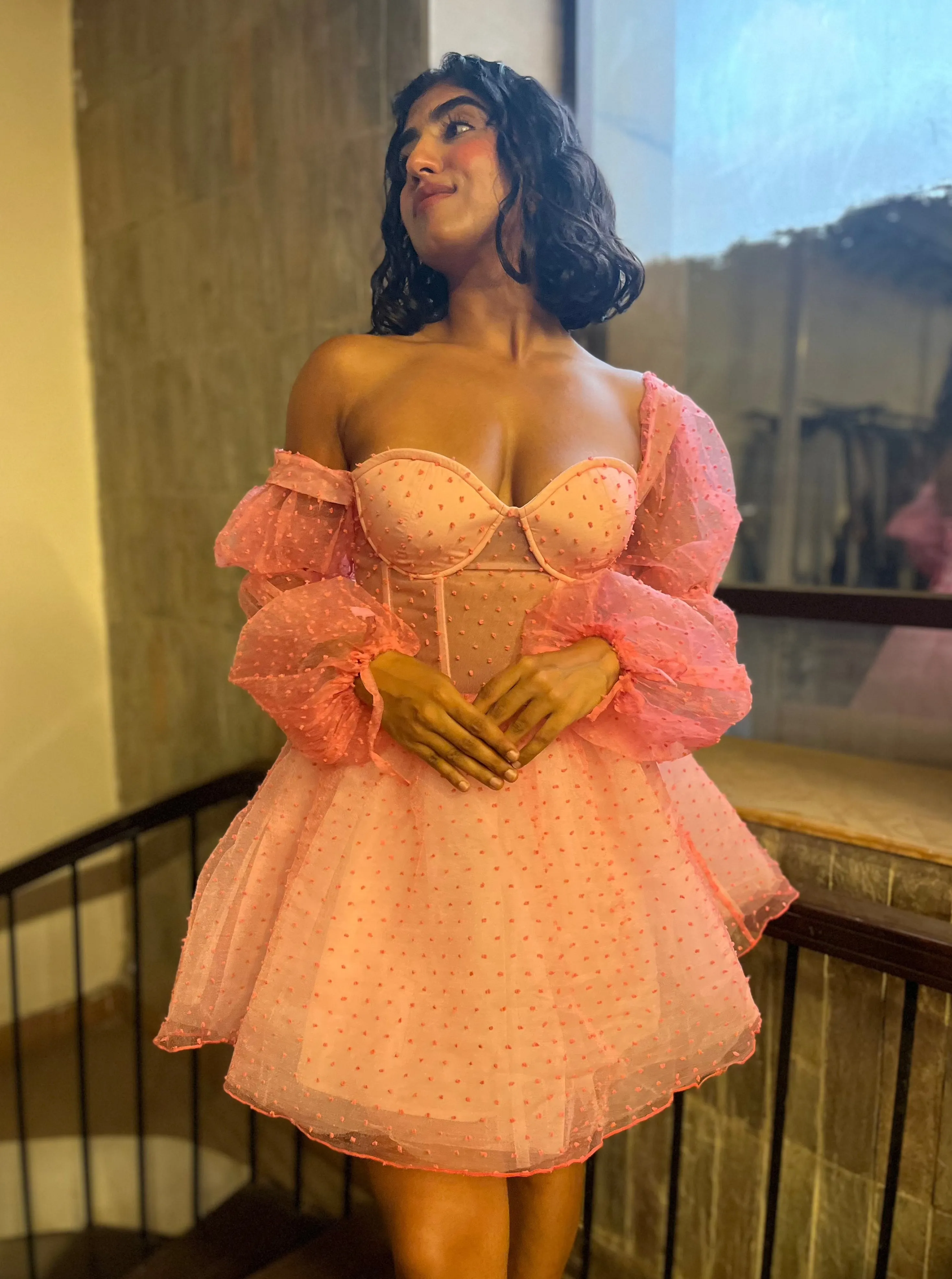 Bianca Pink Dobby Organza Puff Sleeve Corset Dress