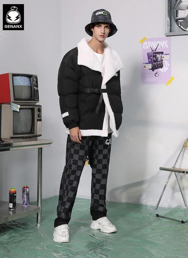 Black Pixel Style Print Lapel Padded Coat