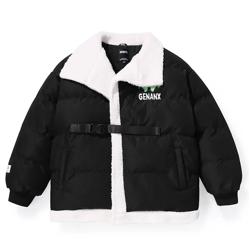 Black Pixel Style Print Lapel Padded Coat