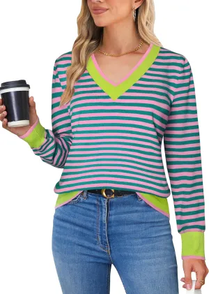 Blooming Jelly Womens Sweaters Striped V Neck Fall Outfits 2024Color Block Pullover Tops Winter Clothes