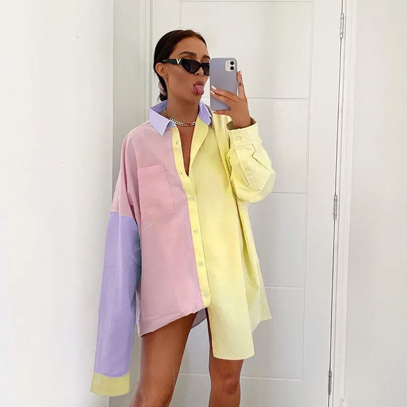 Casual Plus Size Colorblock Turn Down Collar Oversized Long Sleeve Blouse