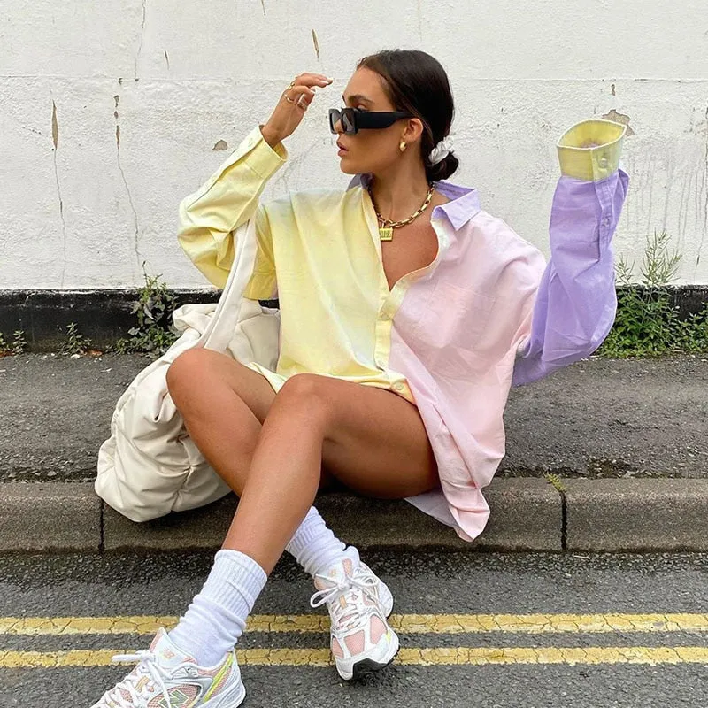 Casual Plus Size Colorblock Turn Down Collar Oversized Long Sleeve Blouse