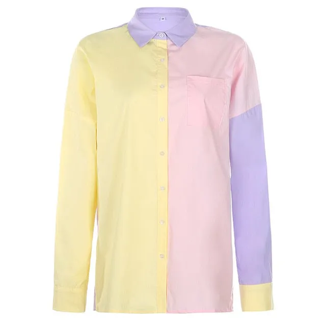 Casual Plus Size Colorblock Turn Down Collar Oversized Long Sleeve Blouse