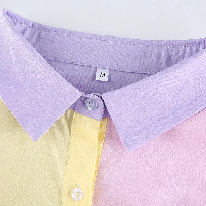 Casual Plus Size Colorblock Turn Down Collar Oversized Long Sleeve Blouse