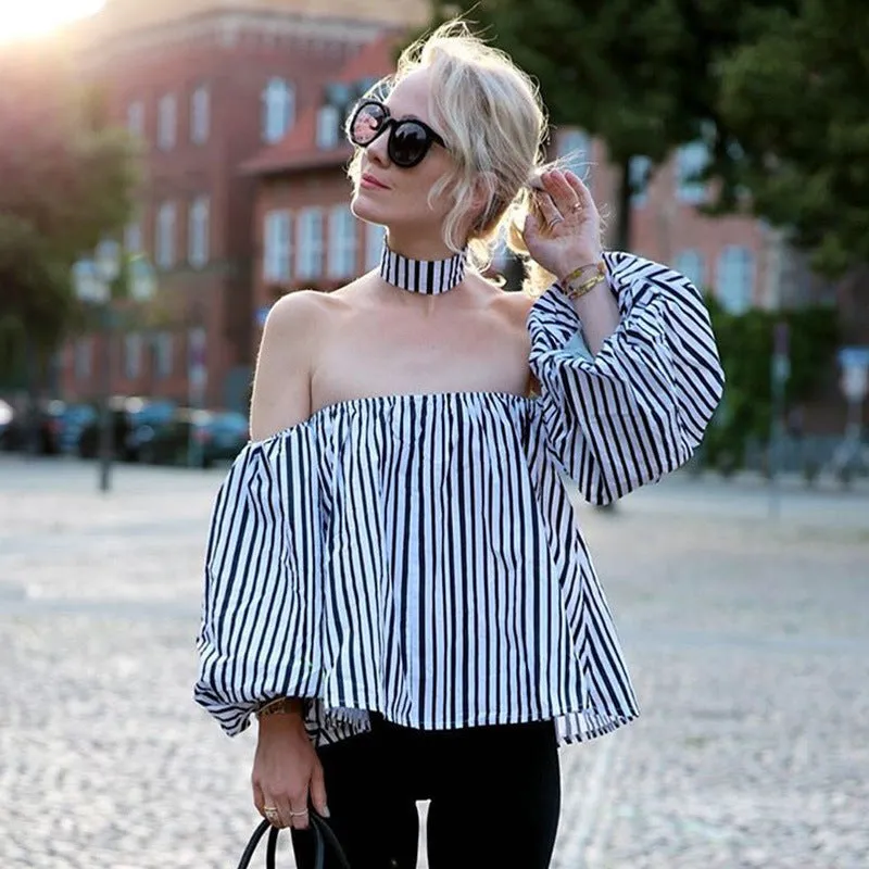 Claribel Elegant Off Shoulder Casual Choker Stripe Blouse