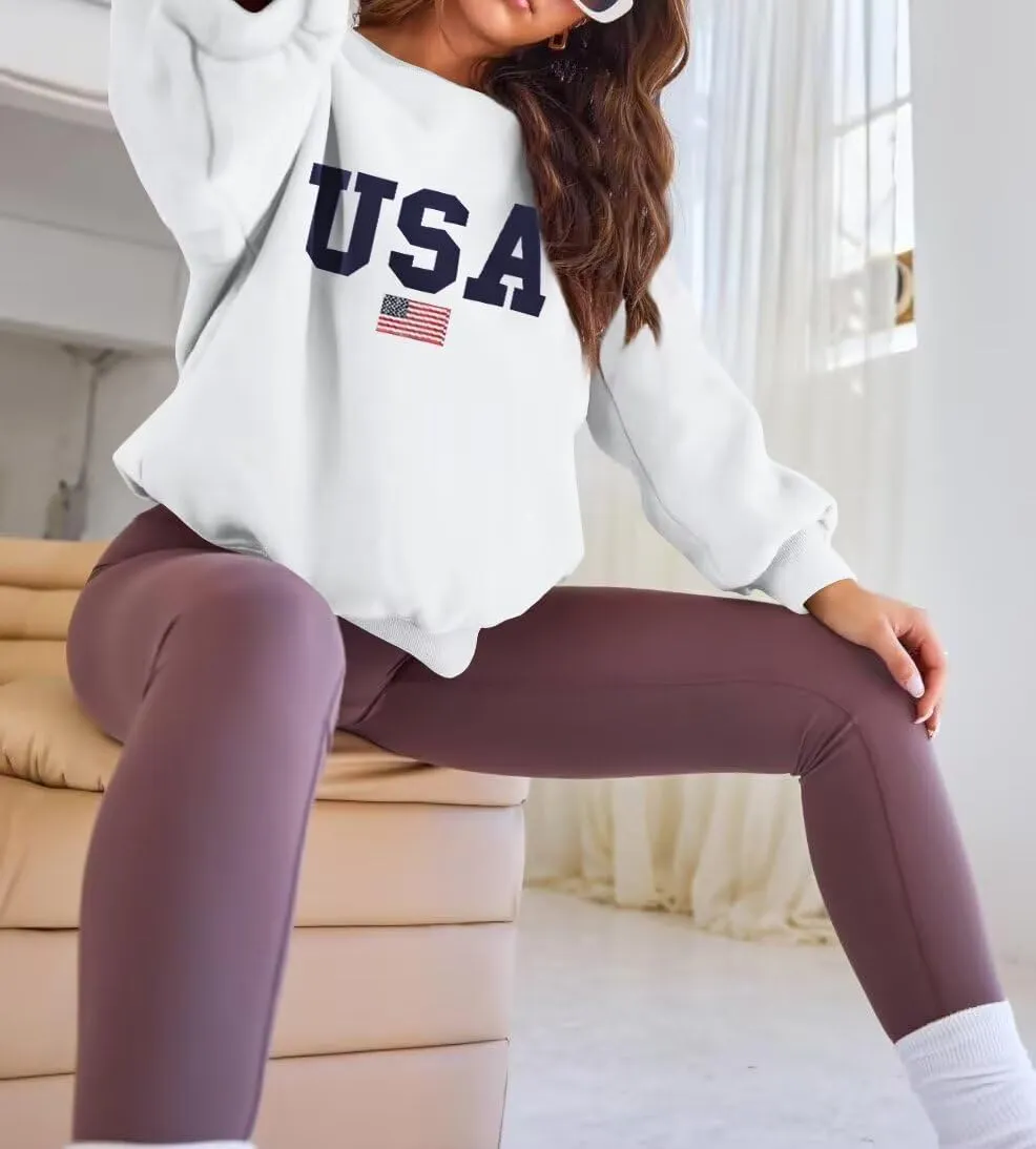 Dressmine Womens USA Shirt Casual Long Sleeve Graphic Tees Knit Crew Neck Sweatshirts Loose Pullover