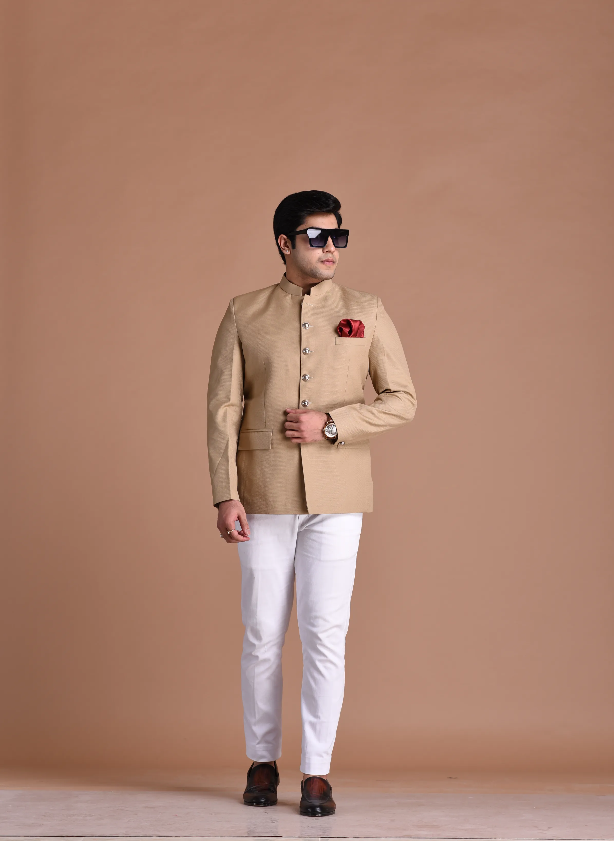 Exclusive Tan Brown Designer Jodhpuri  Bandhgala with White Trouser | Wedding Functions | Perfect for formal Party Wear