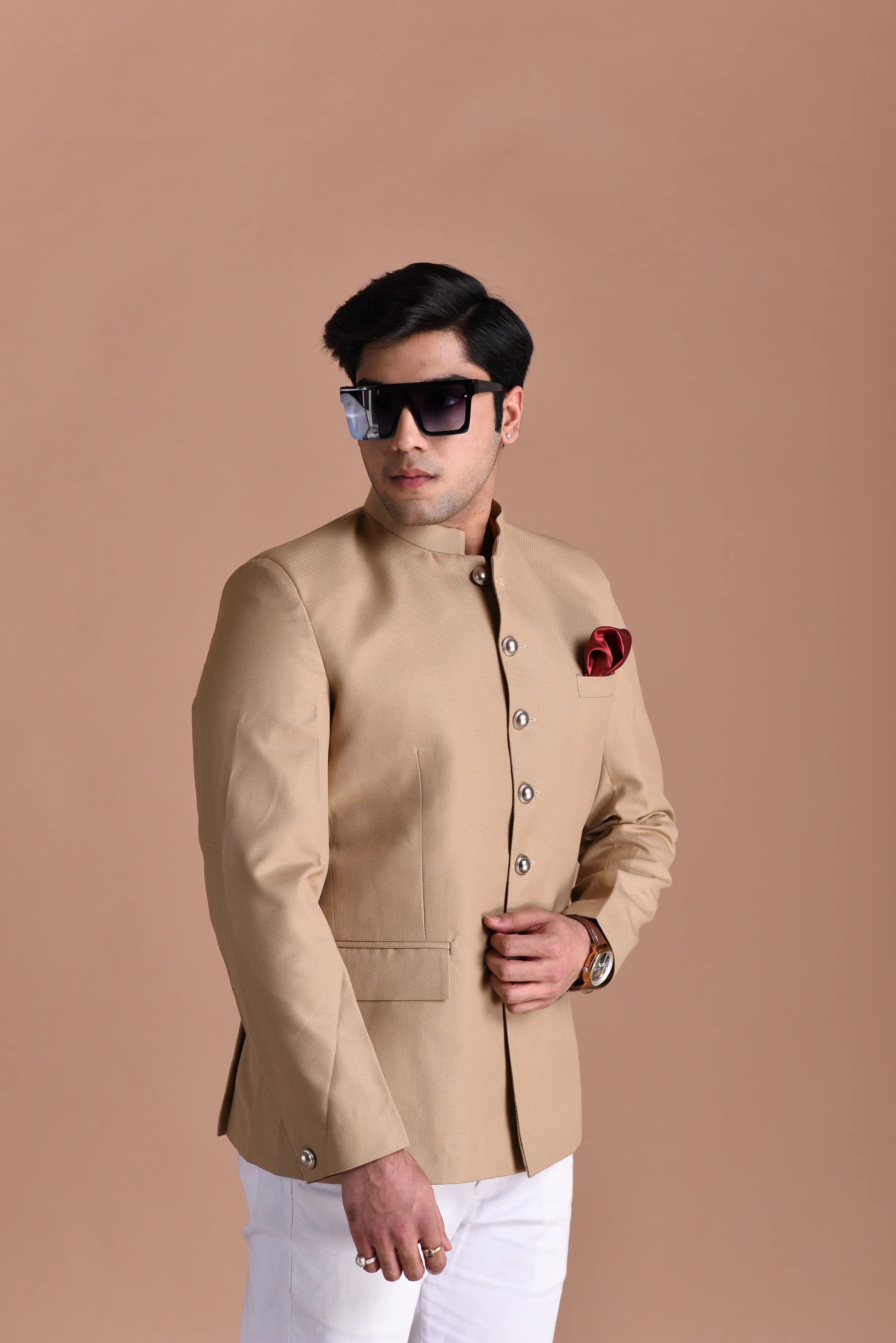 Exclusive Tan Brown Designer Jodhpuri  Bandhgala with White Trouser | Wedding Functions | Perfect for formal Party Wear