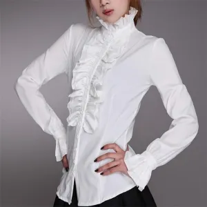 Fashionkova  Fashion Victorian Women OL Office Ladies White Shirt High Neck Frilly Ruffle Cuffs Shirts Female Blouse Cuffs Blouse Autumn