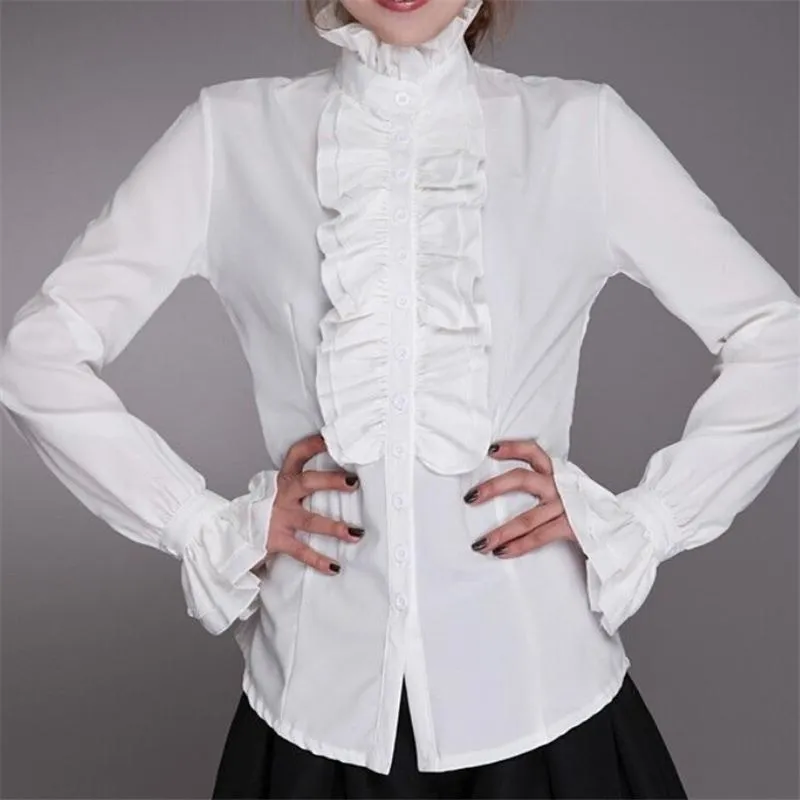 Fashionkova  Fashion Victorian Women OL Office Ladies White Shirt High Neck Frilly Ruffle Cuffs Shirts Female Blouse Cuffs Blouse Autumn