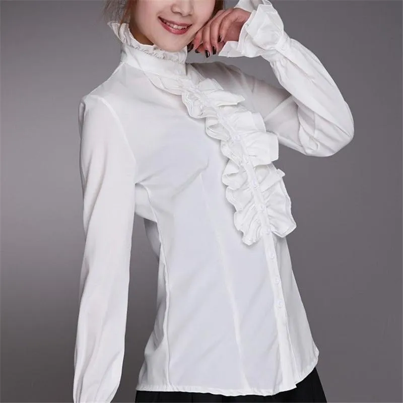 Fashionkova  Fashion Victorian Women OL Office Ladies White Shirt High Neck Frilly Ruffle Cuffs Shirts Female Blouse Cuffs Blouse Autumn