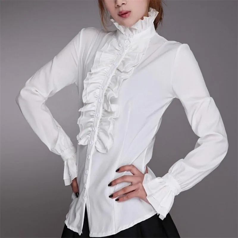 Fashionkova  Fashion Victorian Women OL Office Ladies White Shirt High Neck Frilly Ruffle Cuffs Shirts Female Blouse Cuffs Blouse Autumn
