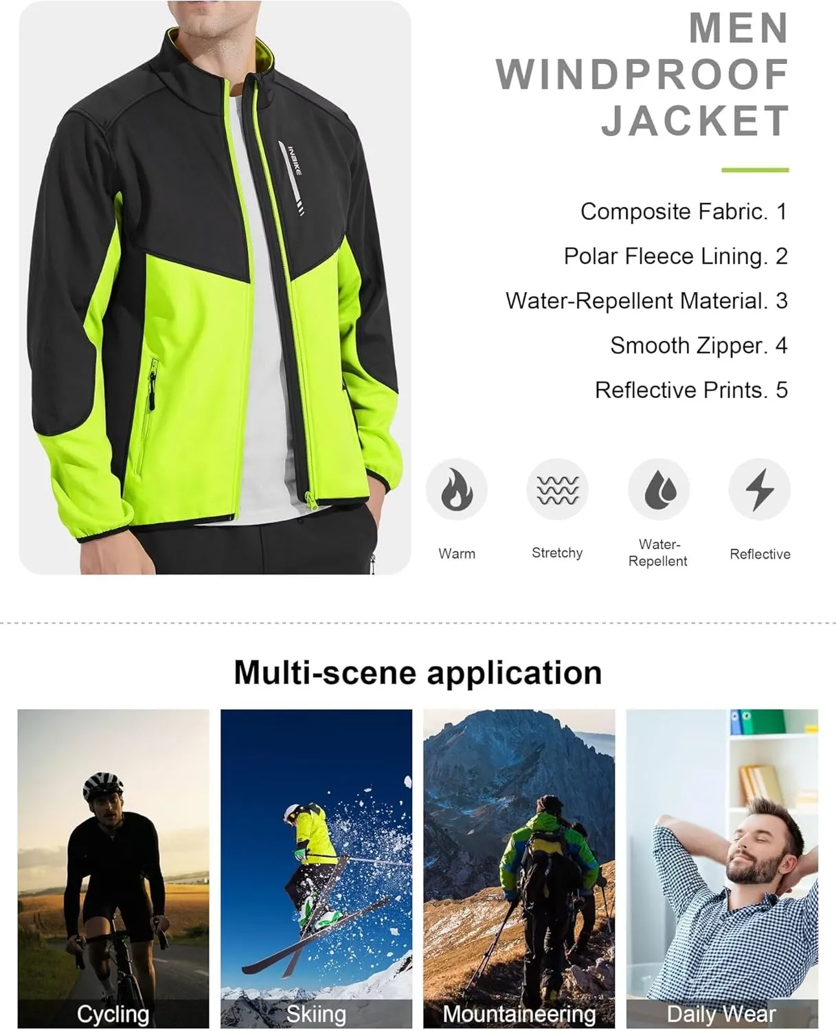 INBIKE Cycling Jacket for Men Running Biking Jackets Mens Windbreaker Reflective Windproof Fleece Lined Cold Weather