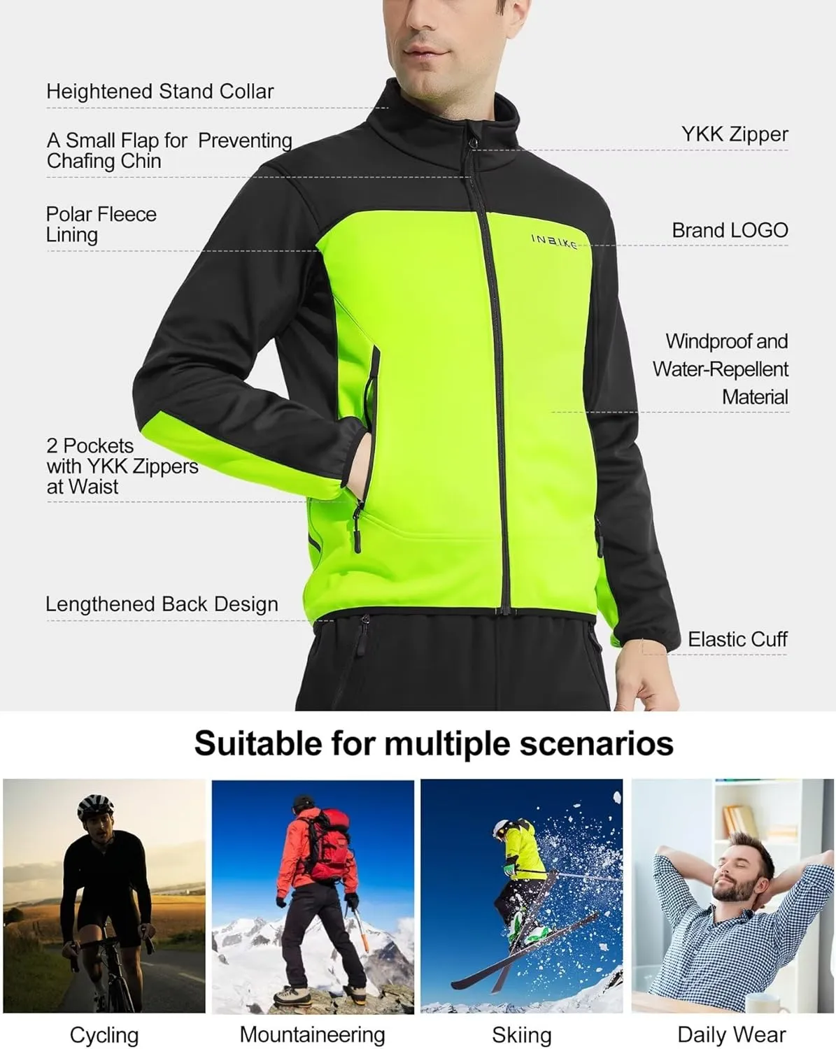INBIKE Cycling Jacket for Men Running Biking Jackets Mens Windbreaker Reflective Windproof Fleece Lined Cold Weather