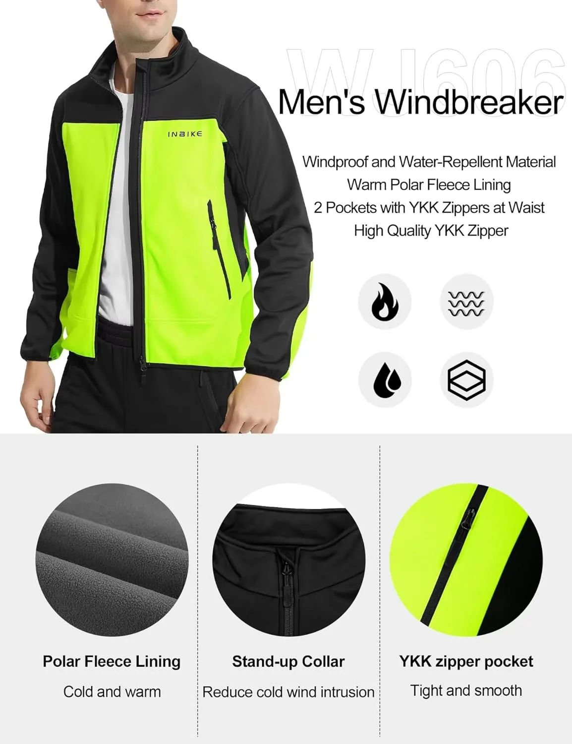 INBIKE Cycling Jacket for Men Running Biking Jackets Mens Windbreaker Reflective Windproof Fleece Lined Cold Weather