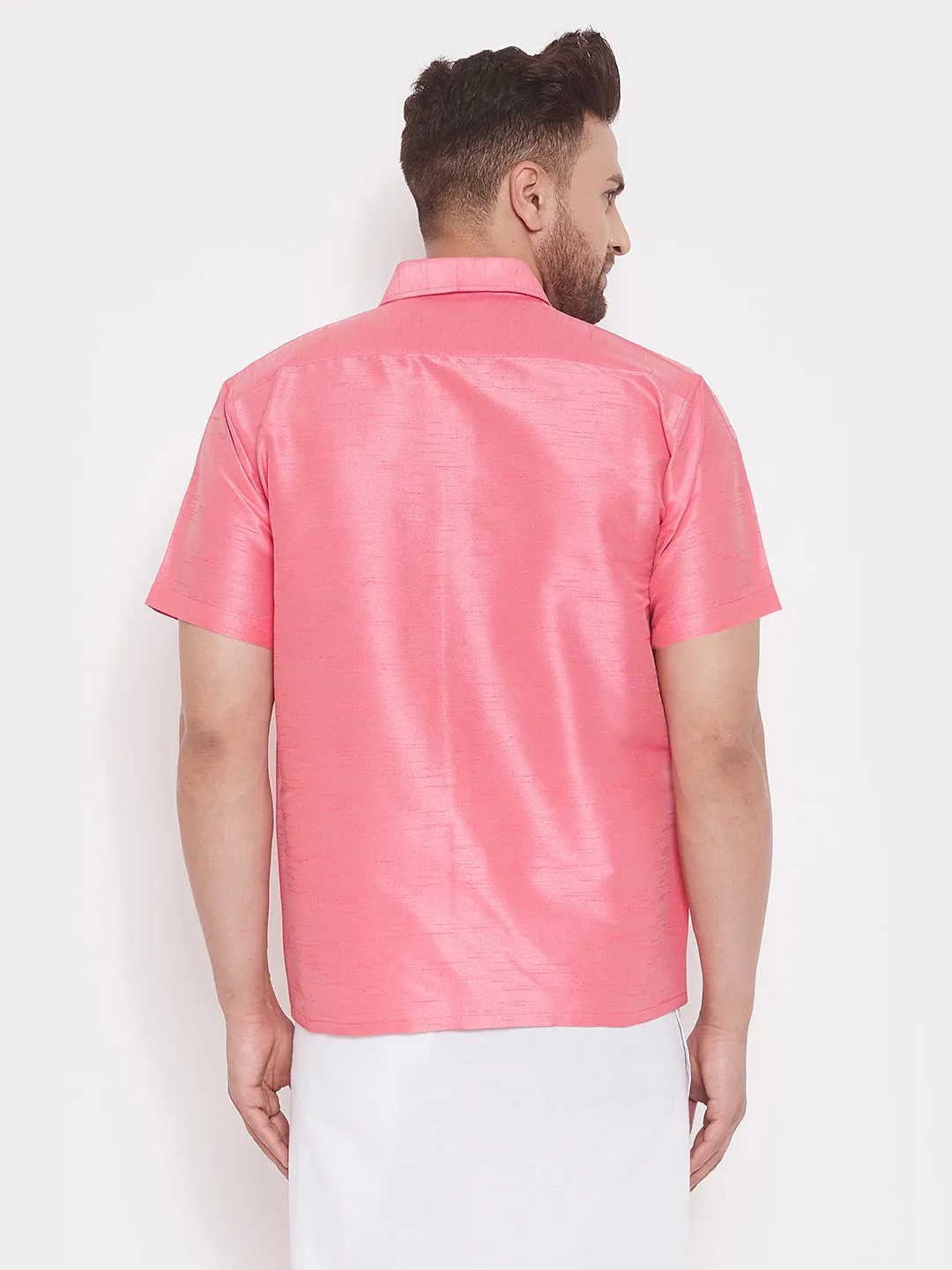 Jashvi Men's Pink Silk Blend Ethnic Shirt