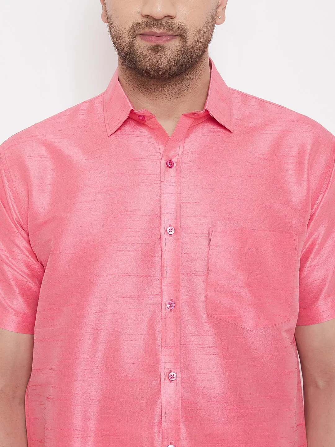 Jashvi Men's Pink Silk Blend Ethnic Shirt