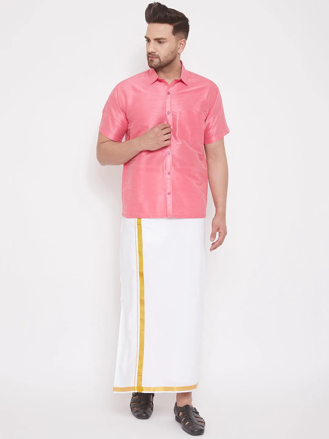 Jashvi Men's Pink Silk Blend Ethnic Shirt