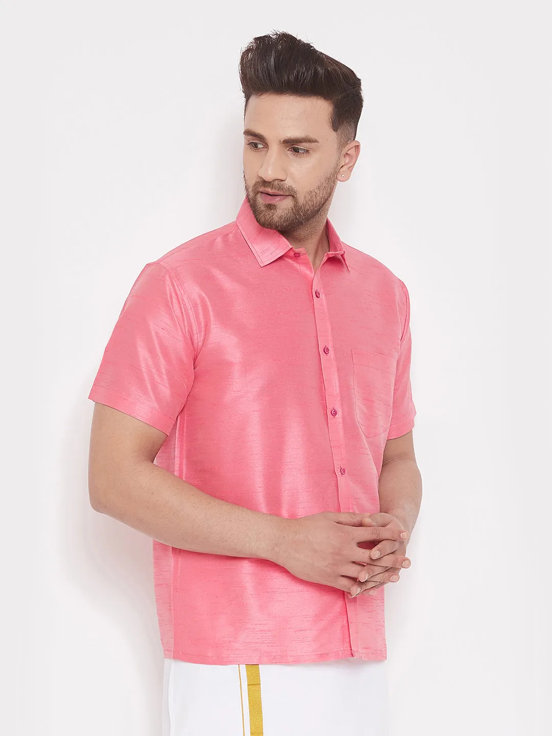 Jashvi Men's Pink Silk Blend Ethnic Shirt