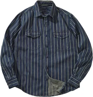 Men Vintage Vertical-Stripe Denim Shirt with Flap Pockets Cargo Washed to Make-Old Shirt Men's Shacket