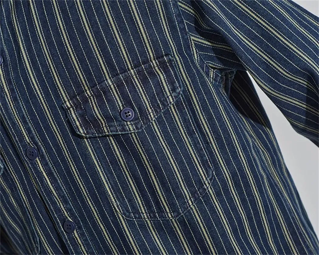 Men Vintage Vertical-Stripe Denim Shirt with Flap Pockets Cargo Washed to Make-Old Shirt Men's Shacket