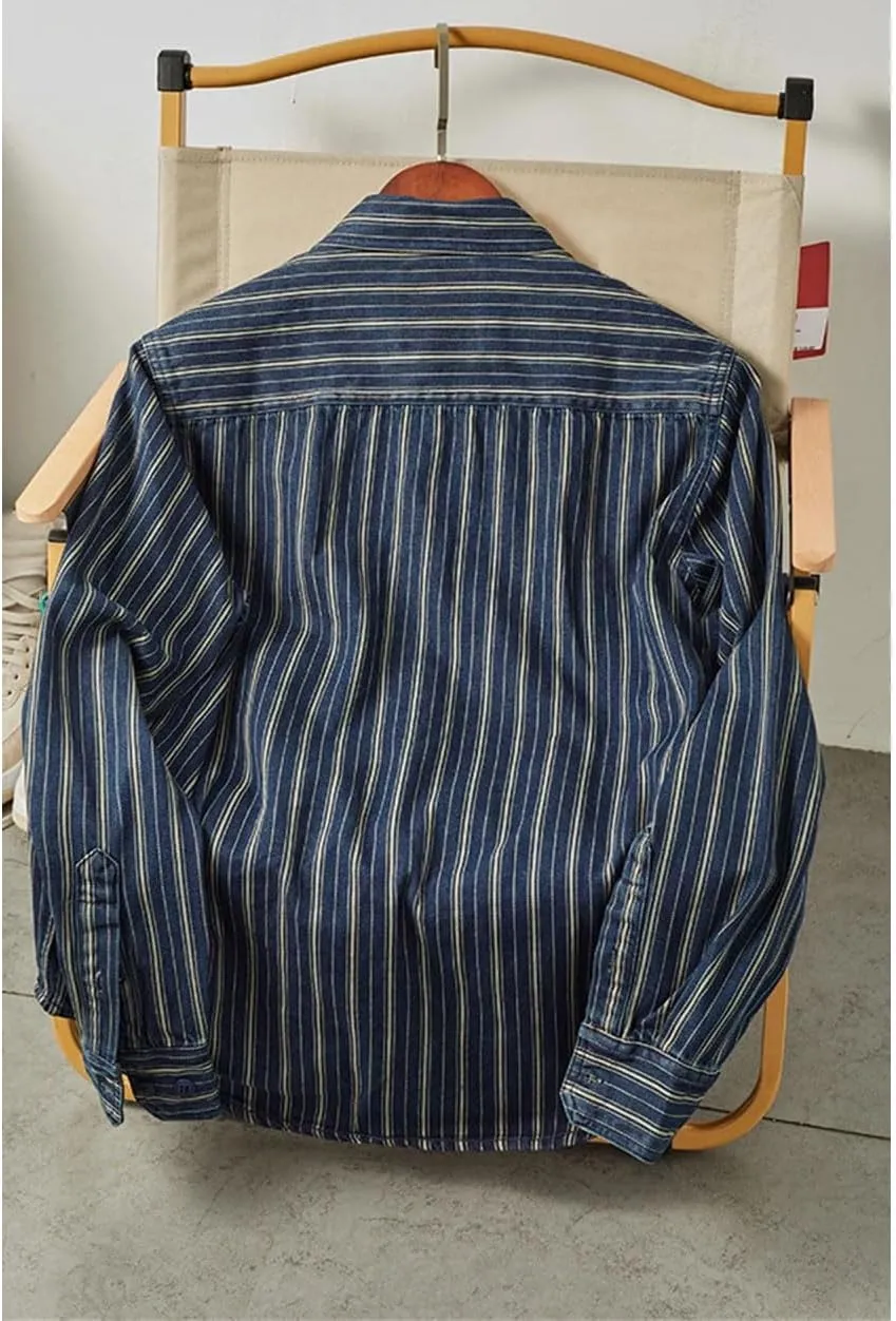 Men Vintage Vertical-Stripe Denim Shirt with Flap Pockets Cargo Washed to Make-Old Shirt Men's Shacket