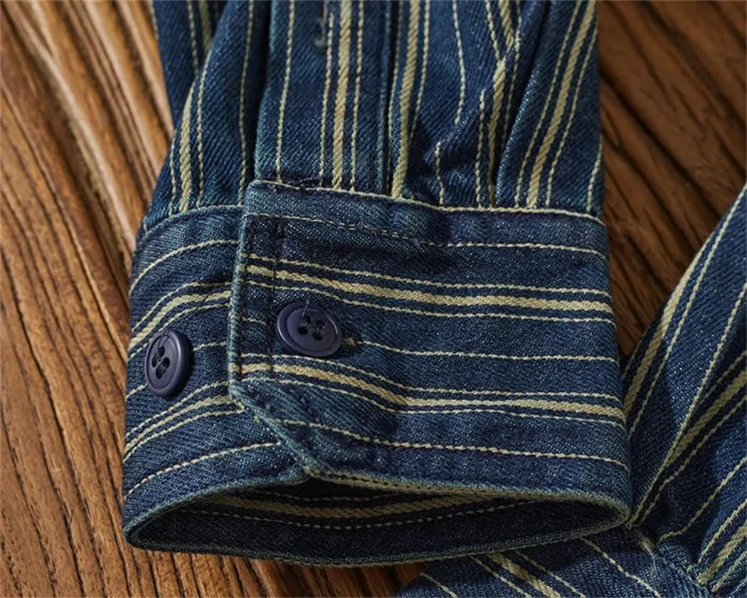 Men Vintage Vertical-Stripe Denim Shirt with Flap Pockets Cargo Washed to Make-Old Shirt Men's Shacket