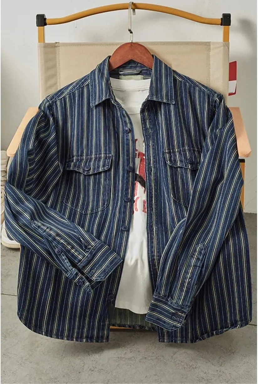 Men Vintage Vertical-Stripe Denim Shirt with Flap Pockets Cargo Washed to Make-Old Shirt Men's Shacket
