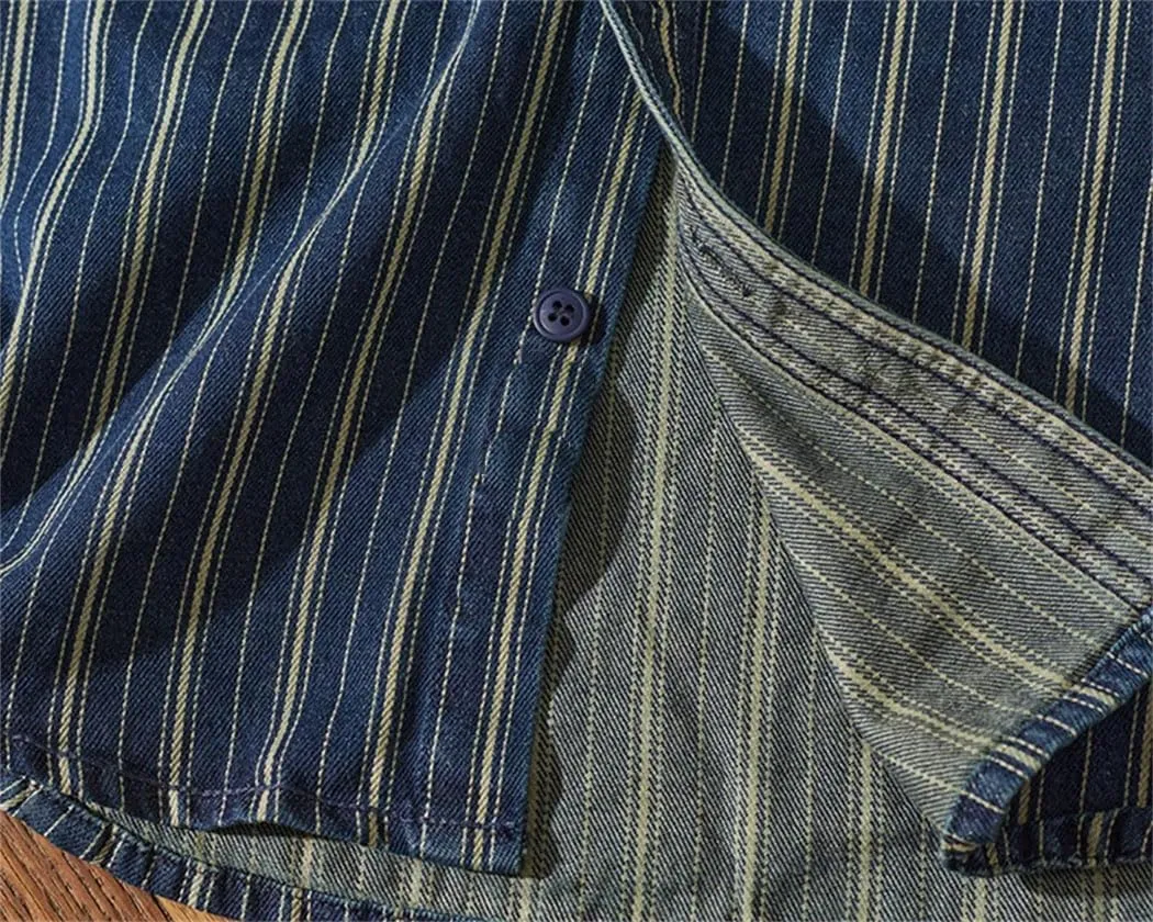Men Vintage Vertical-Stripe Denim Shirt with Flap Pockets Cargo Washed to Make-Old Shirt Men's Shacket