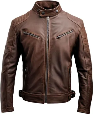 Mens Brown Genuine Sheepskin Leather Jacket, Stand Collar, Soft & Smooth, Casual Biker Caf Racer Moto Outfit