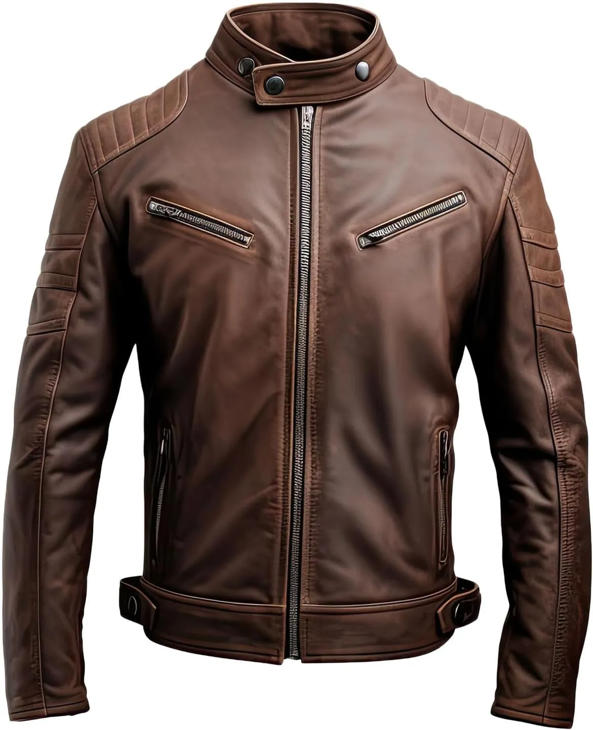 Mens Brown Genuine Sheepskin Leather Jacket, Stand Collar, Soft & Smooth, Casual Biker Caf Racer Moto Outfit