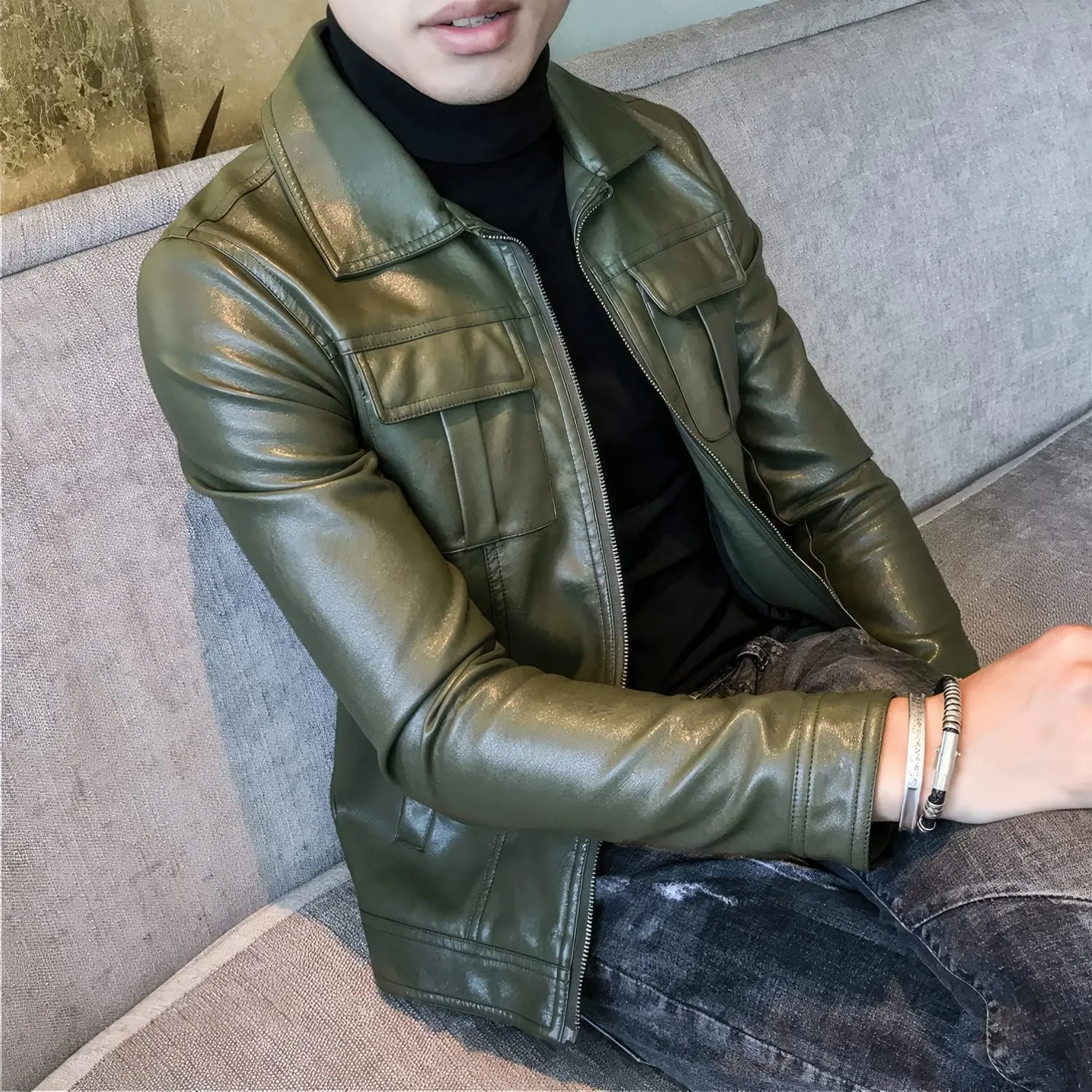 Men's Green Genuine Sheepskin Caf Racer Retro Zip-Up Biker Leather Jacket Casual Slim Fit Moto Rider Shirt Collar Smooth