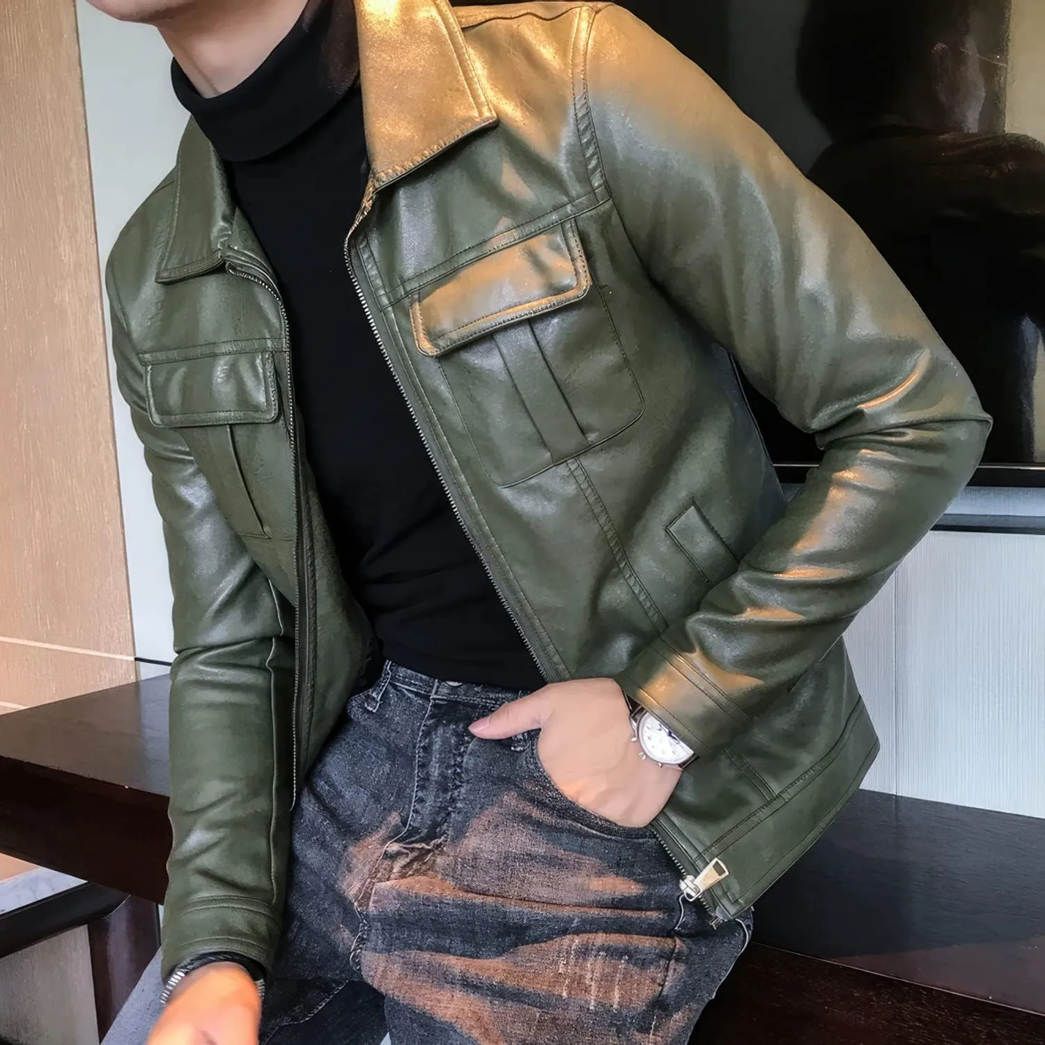 Men's Green Genuine Sheepskin Caf Racer Retro Zip-Up Biker Leather Jacket Casual Slim Fit Moto Rider Shirt Collar Smooth