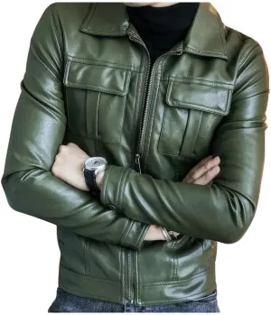 Men's Green Genuine Sheepskin Caf Racer Retro Zip-Up Biker Leather Jacket Casual Slim Fit Moto Rider Shirt Collar Smooth