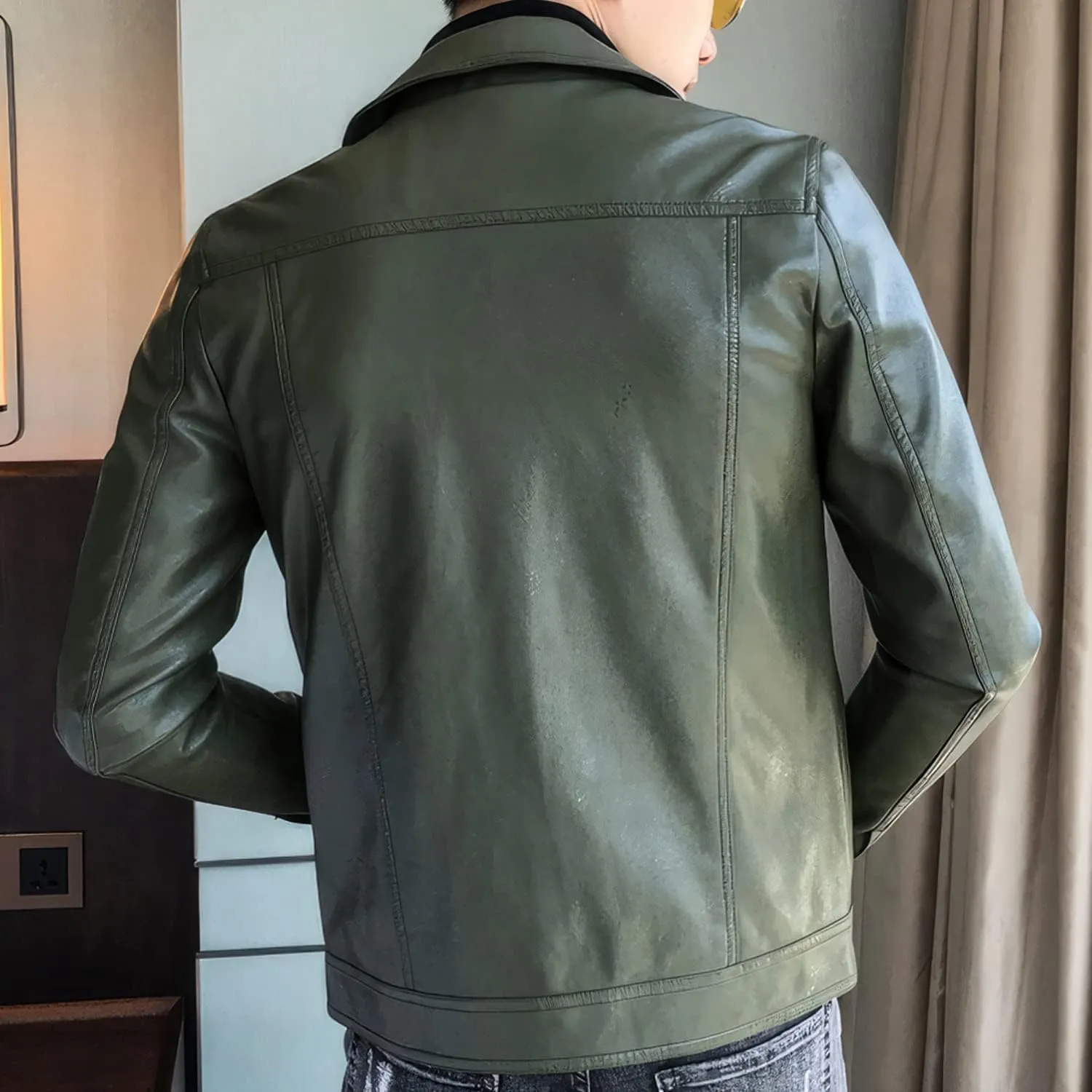 Men's Green Genuine Sheepskin Caf Racer Retro Zip-Up Biker Leather Jacket Casual Slim Fit Moto Rider Shirt Collar Smooth