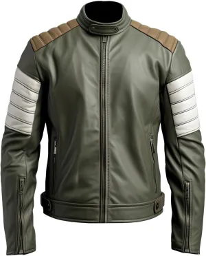 Men's Moss Green Genuine Sheepskin Leather Jacket  Stand Collar Classy Moto Biker Slim Fit Smooth Quilted Caf Racer Style