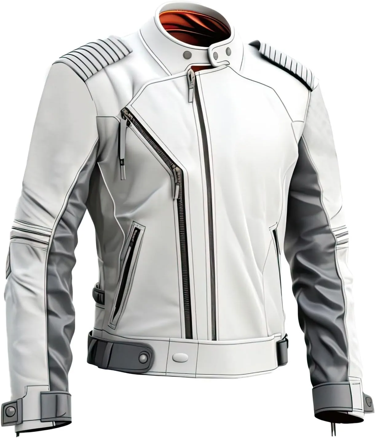 Mens White Grey Genuine Sheepskin Asymetric Multi Zipper Biker Outfit Stylish Smooth Moto Racer Lightweight Leather Jacket