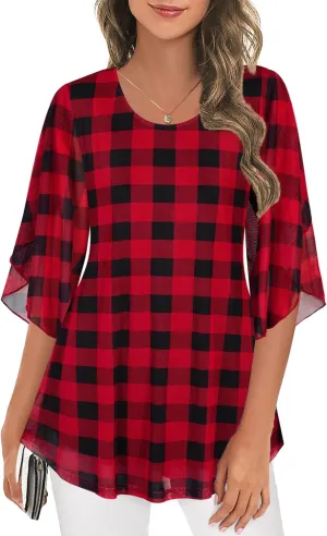 Ninedaily Women's Tops 3/4 Sleeve Blouses Dressy Casual Double Layers Mesh Tunic Shirts