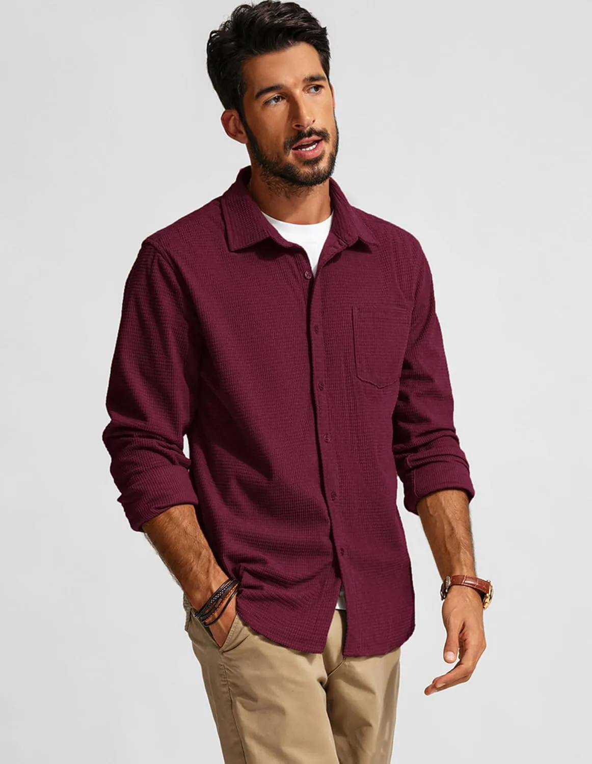 PJ PAUL JONES Men's Button Down Shirt Texture Wrinkle Free Shirts Long Sleeve Waffle Untucked Shirt