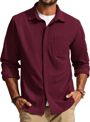 PJ PAUL JONES Men's Button Down Shirt Texture Wrinkle Free Shirts Long Sleeve Waffle Untucked Shirt