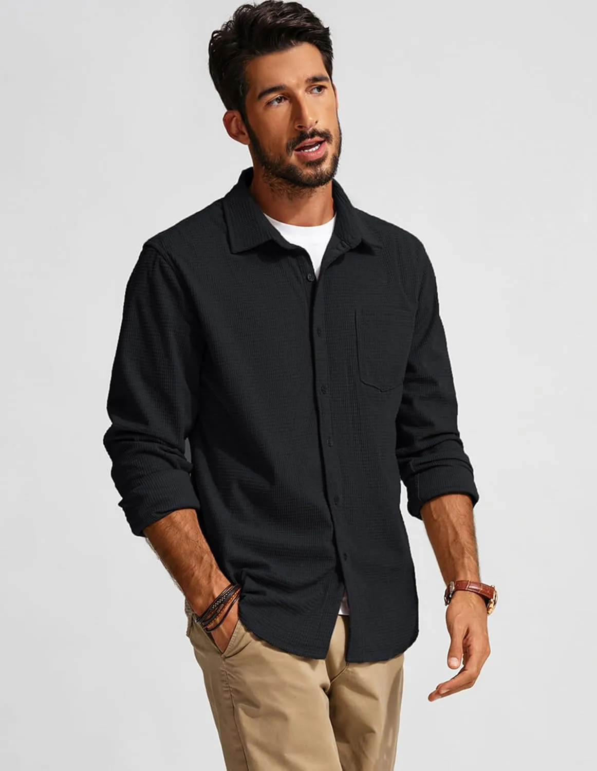 PJ PAUL JONES Men's Button Down Shirt Texture Wrinkle Free Shirts Long Sleeve Waffle Untucked Shirt