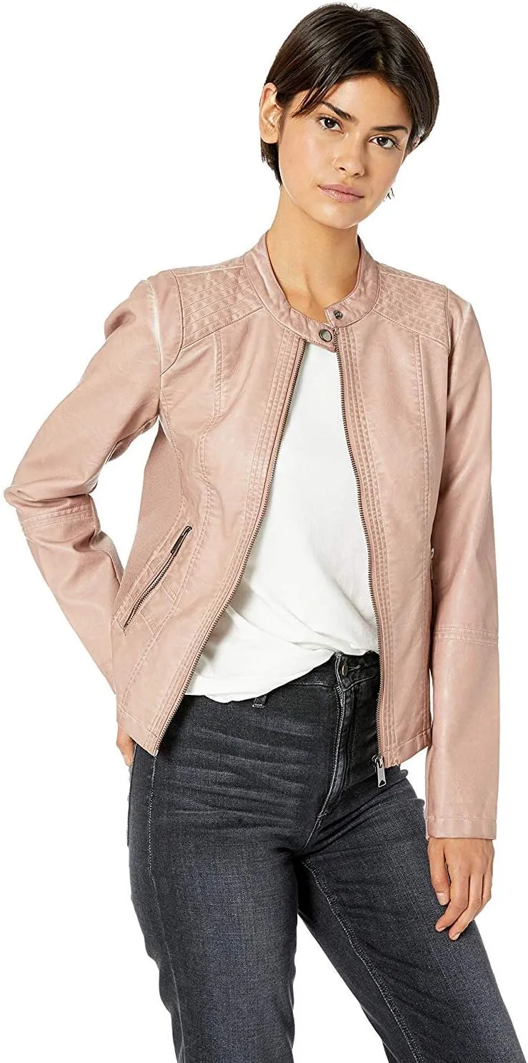 Sebby Collection Women's Faux Leather Jacket with Moto Details and Front Zip Pockets