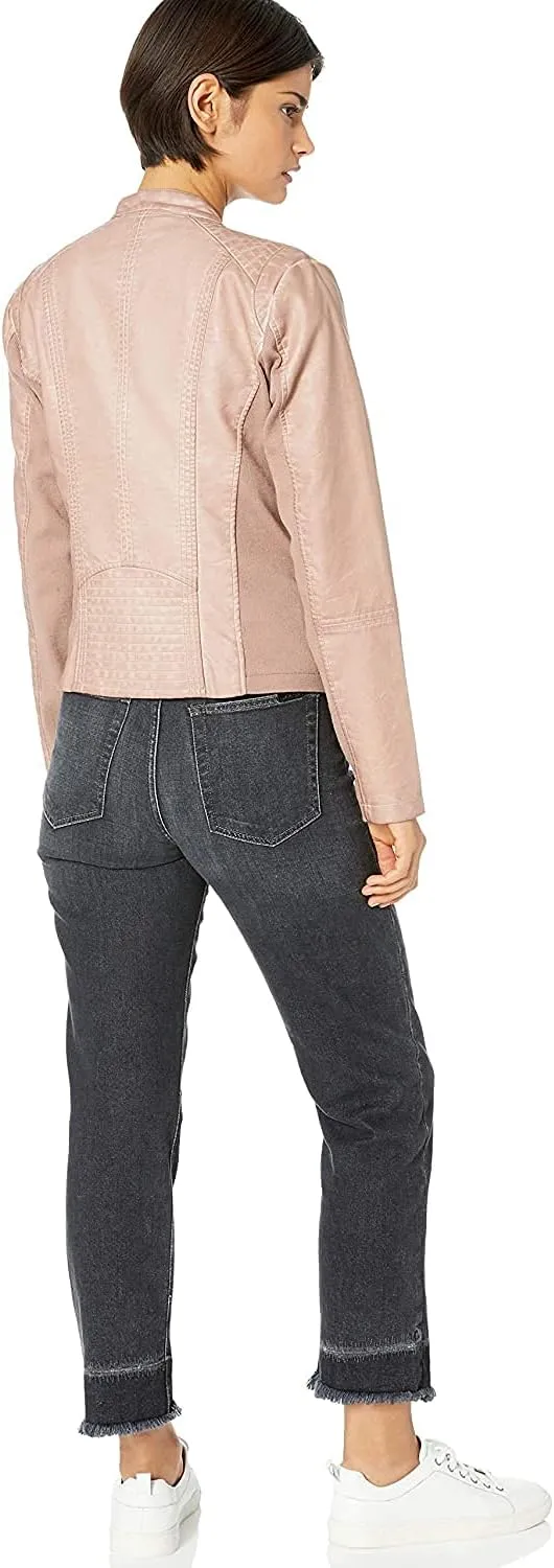 Sebby Collection Women's Faux Leather Jacket with Moto Details and Front Zip Pockets