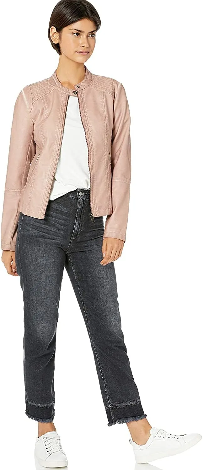 Sebby Collection Women's Faux Leather Jacket with Moto Details and Front Zip Pockets