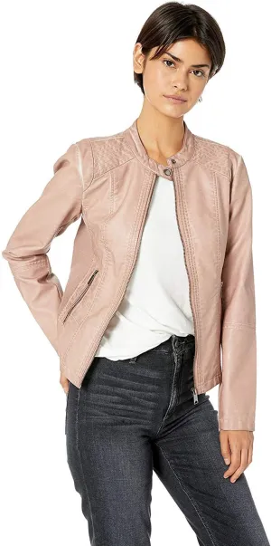Sebby Collection Women's Faux Leather Jacket with Moto Details and Front Zip Pockets