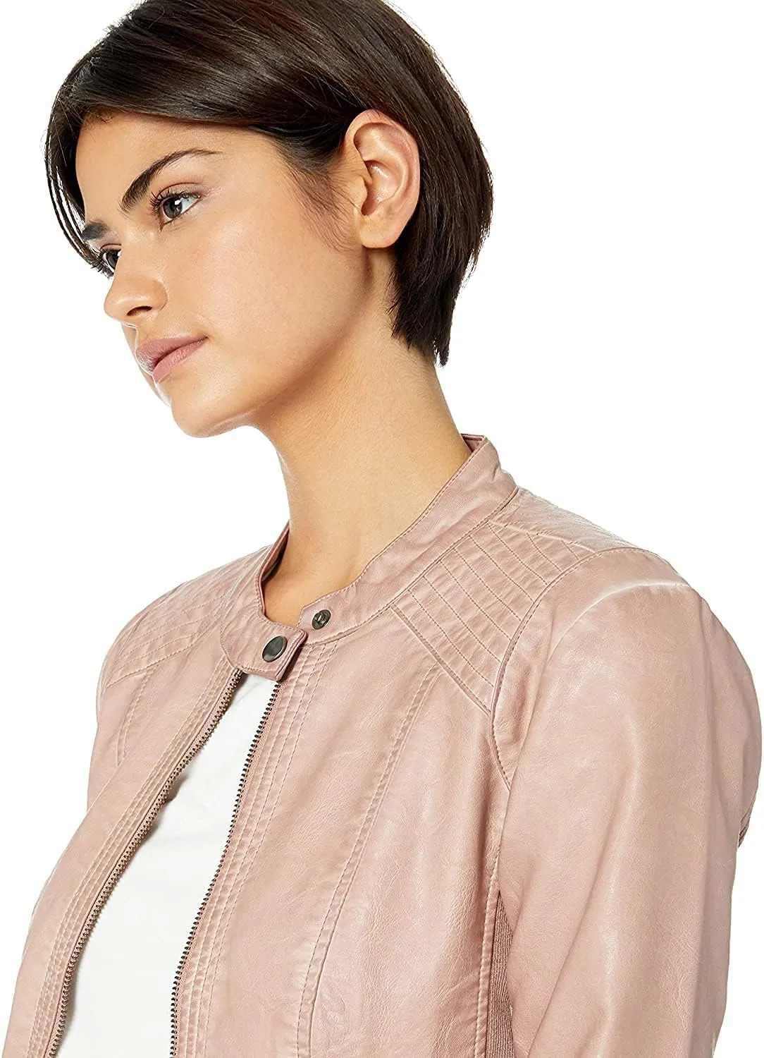Sebby Collection Women's Faux Leather Jacket with Moto Details and Front Zip Pockets