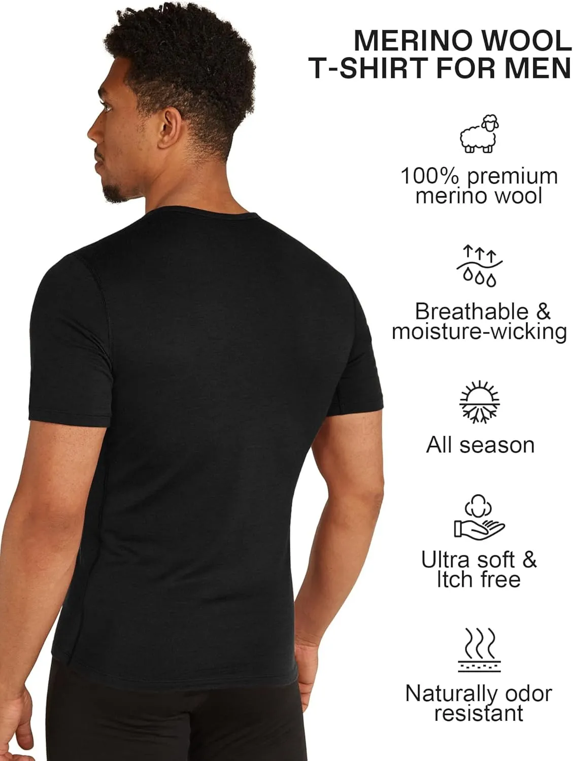 SIORO 100% Merino Wool T-Shirt for Men Short Sleeve Base Layers Odor Resistance Crew Neck Undershirt for Outdoor Hiking S-XXL