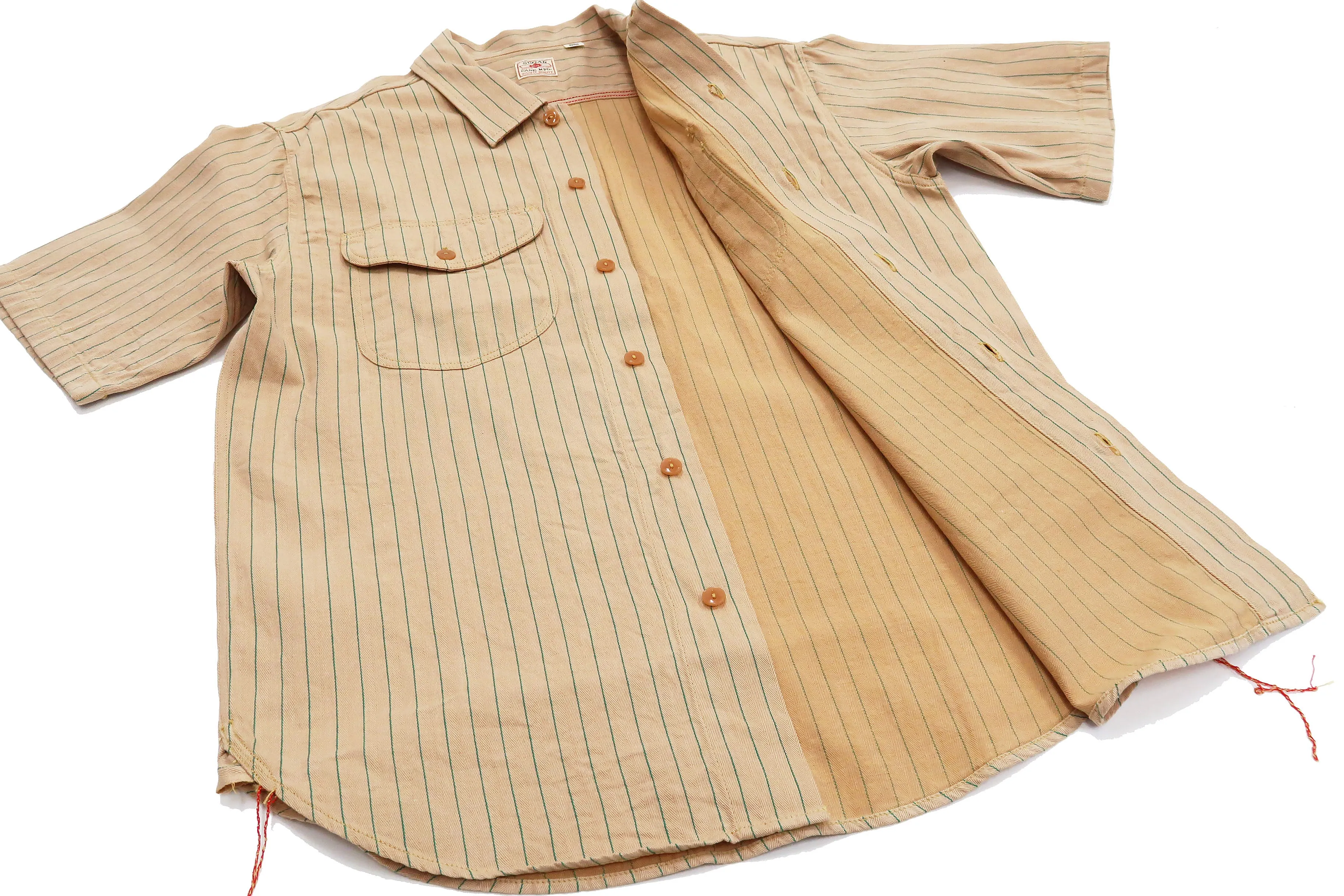 Sugar Cane Shirt Men's Vertical Striped Short Sleeve Button Up Shirt Work Shirt SC38699 133 Beige